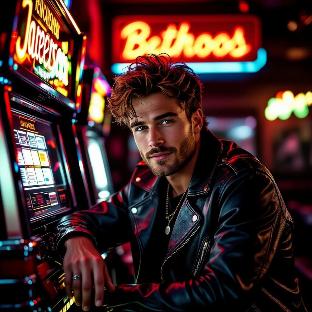 Cool Man Leans on Jukebox in Neon Bar