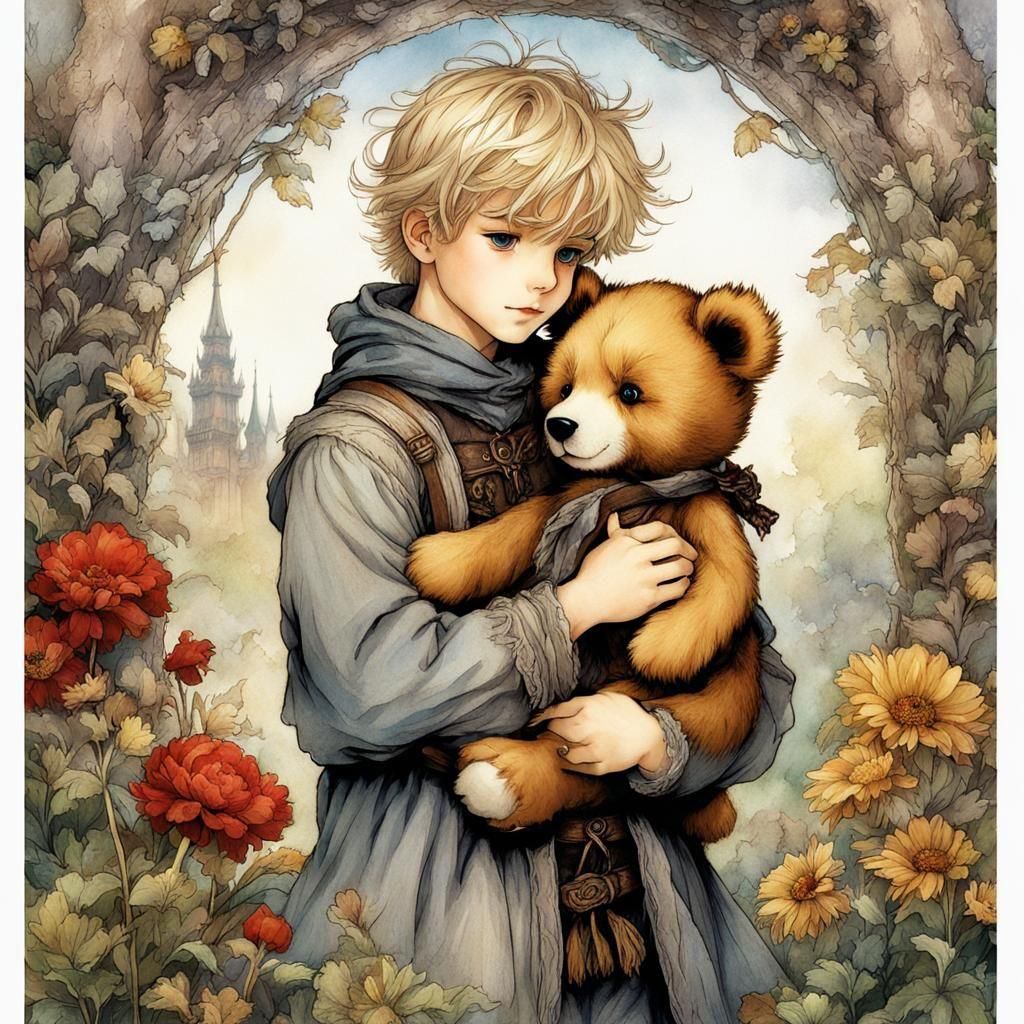 Boy Hugs Teddy Bear in Whimsical Fairytale Scene