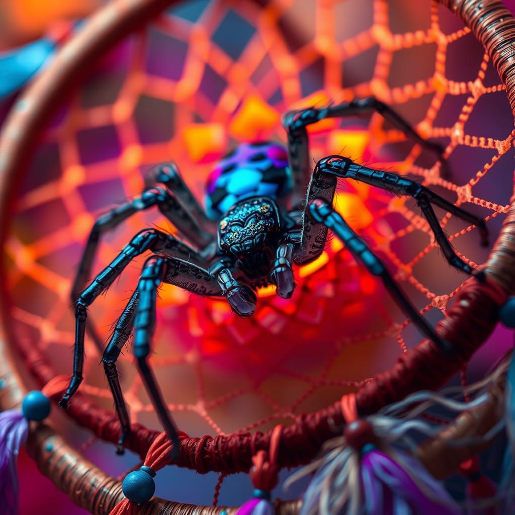 Iridescent Spider on Dreamcatcher in Surreal Style