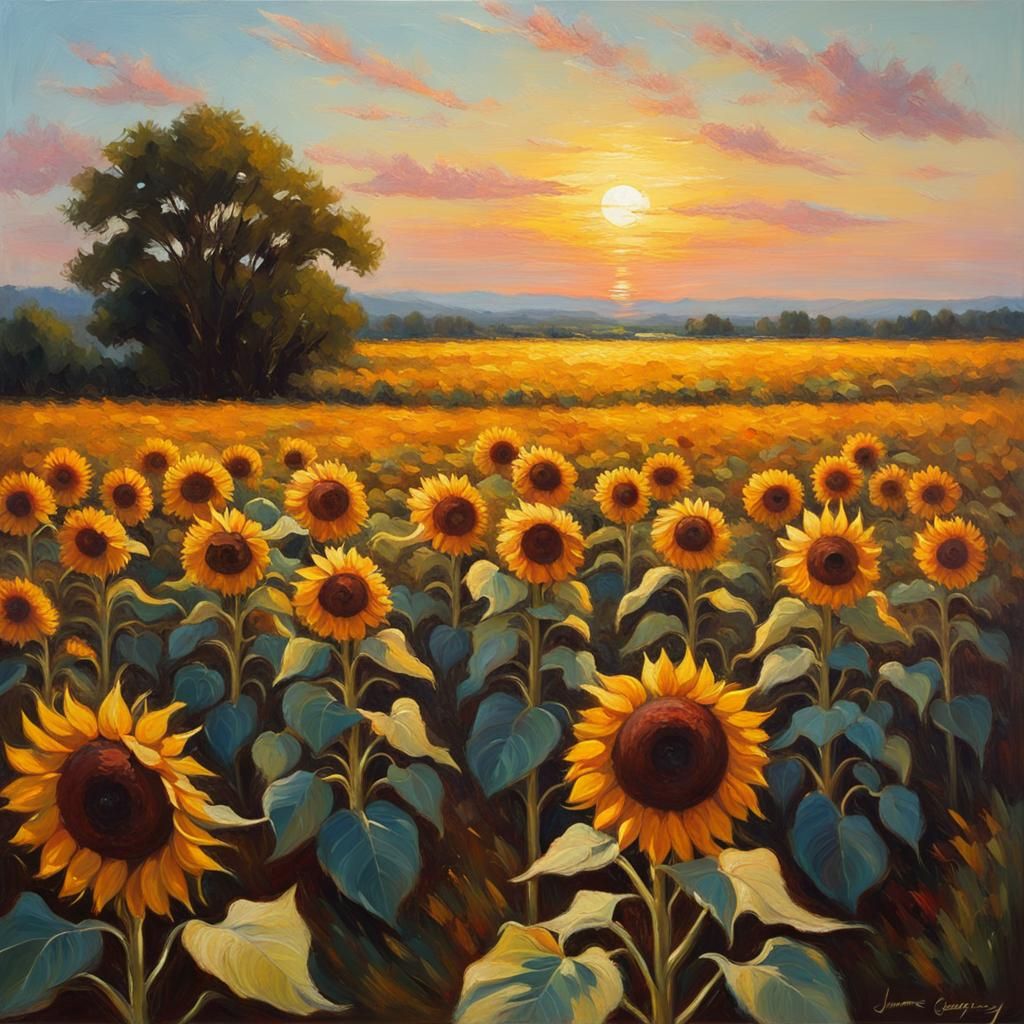 Summer Sunset Over Sunflower Field as Oil Painting