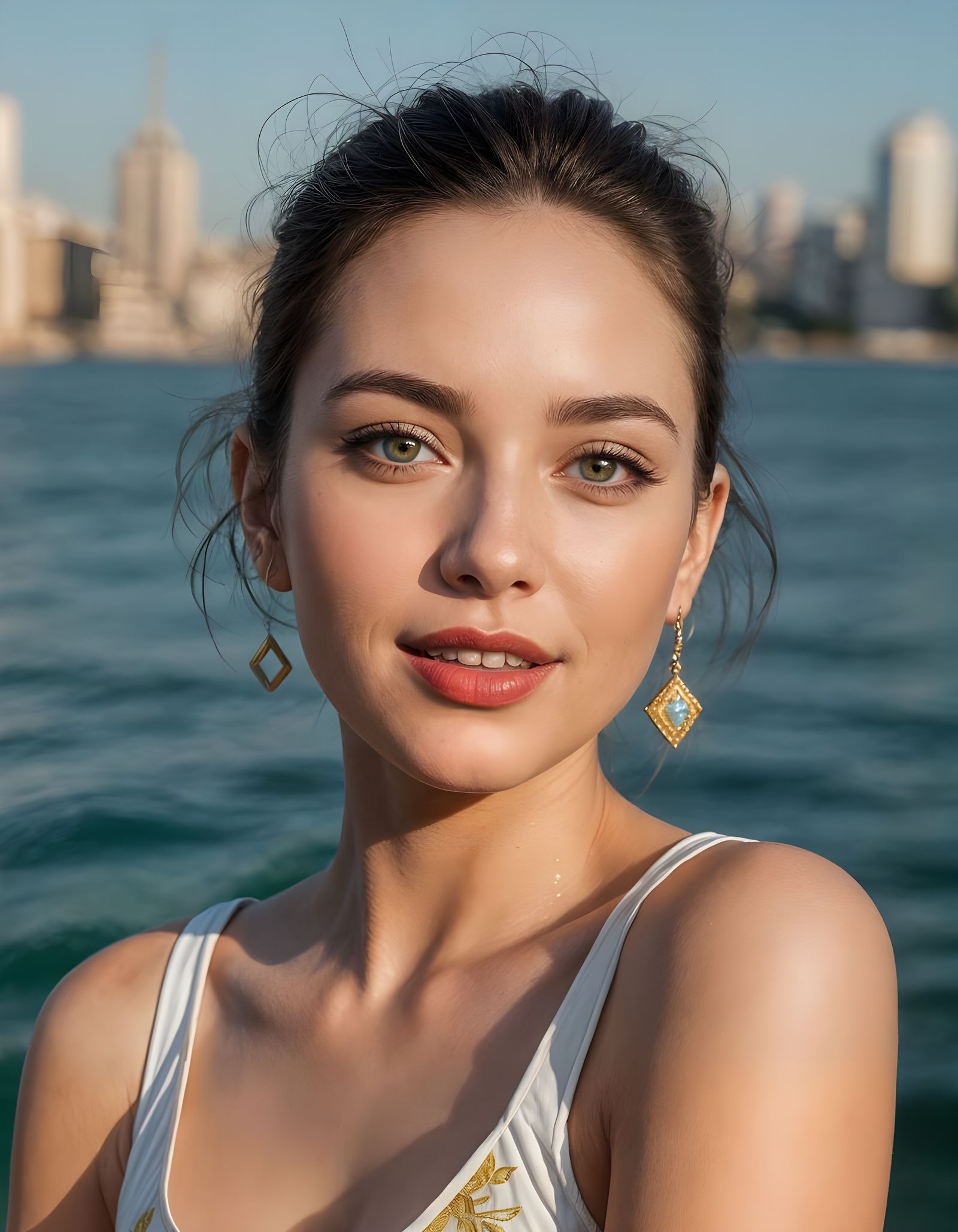 Elegant Woman in Soft Focus with a Distant Cityscape