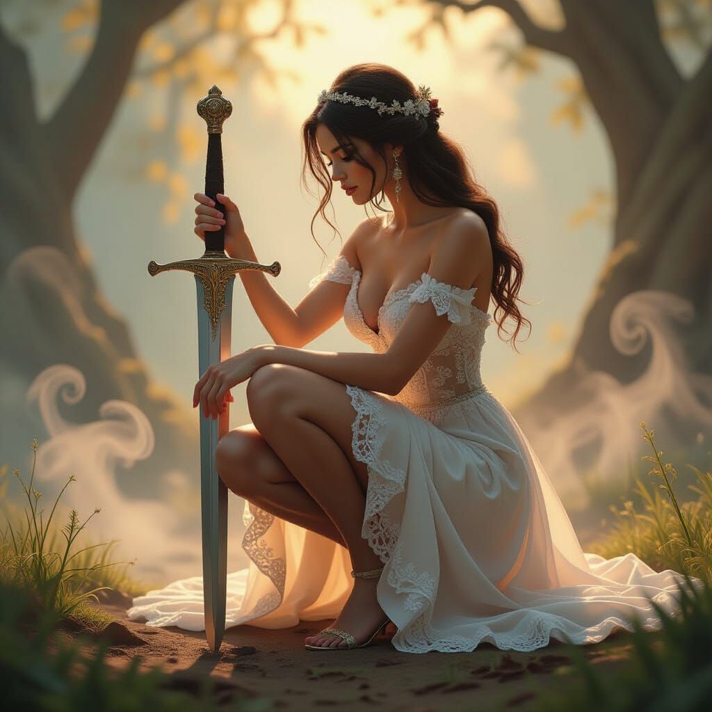 Fantasy Woman with Sword in Dreamy Landscape