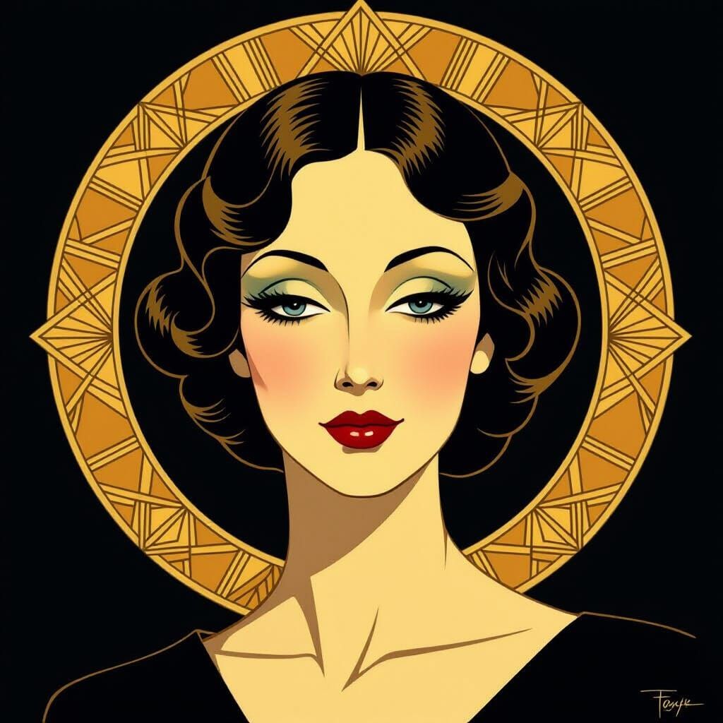 Art Deco Woman with Geometric Halo and Golden Skin