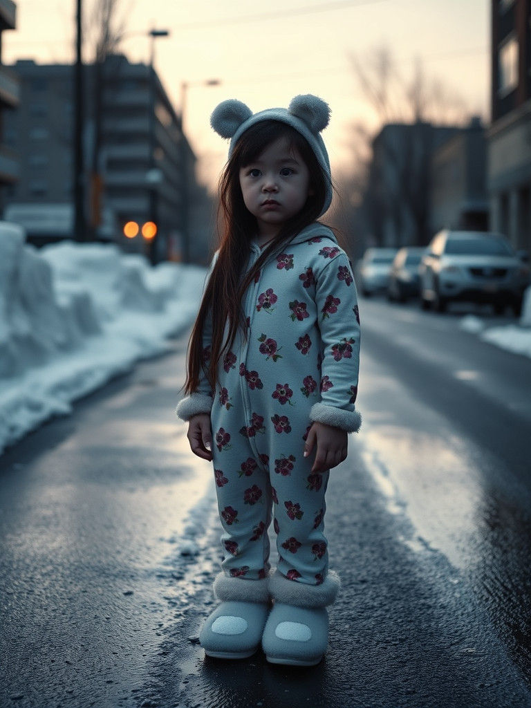 Contemplative Girl in Snowy Urban Winter Scene