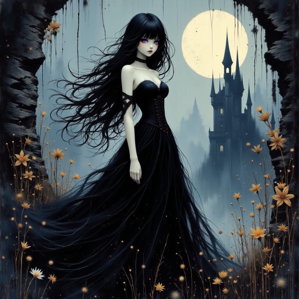 Mysterious Gothic Anime Woman in Ruined Castle
