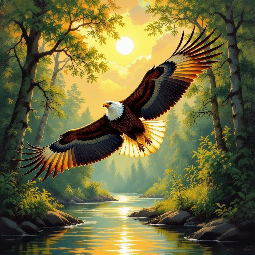 Majestic Eagle Soars Through Sunlit Forest