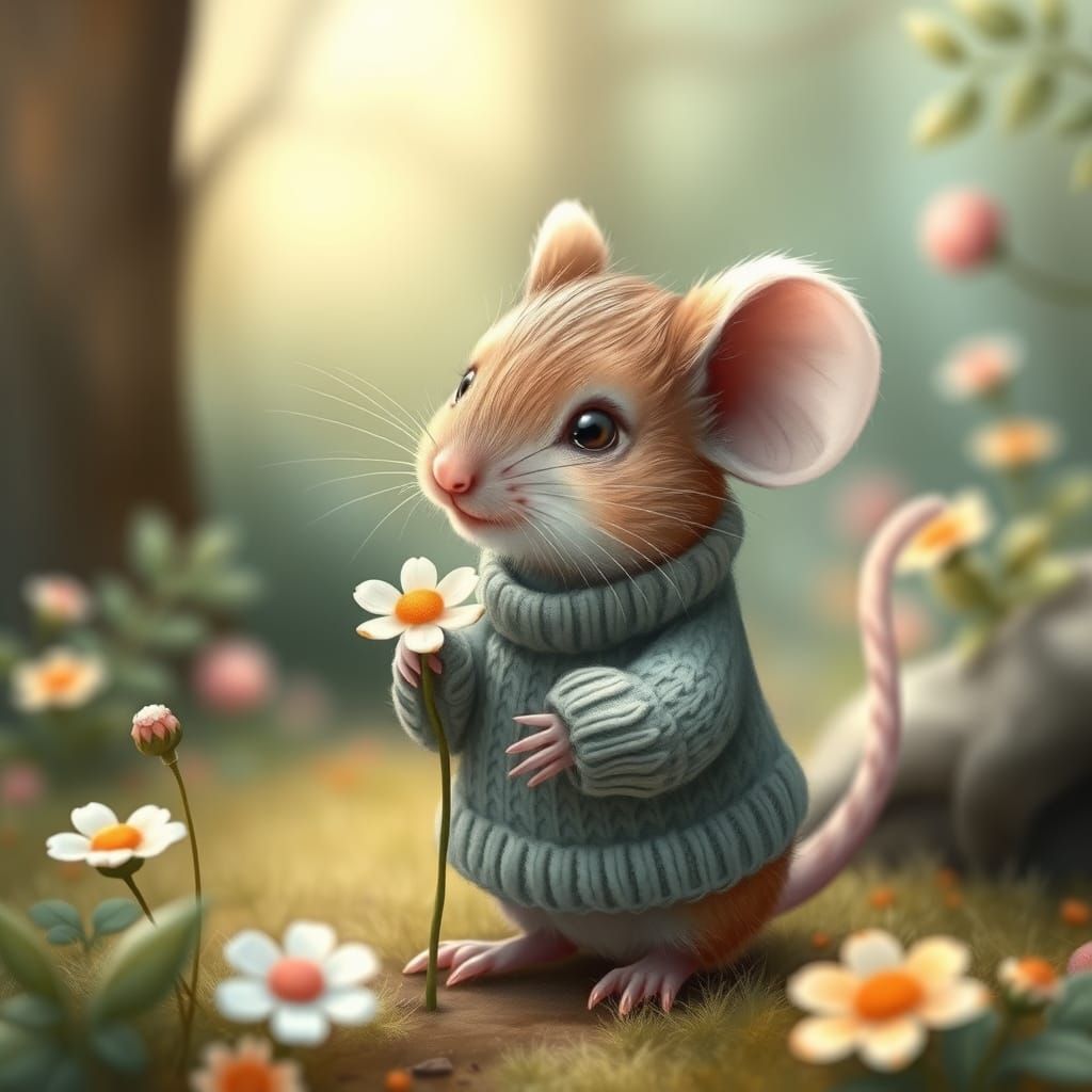 Mouse in Sweater With Flower, Dreamy Art Style