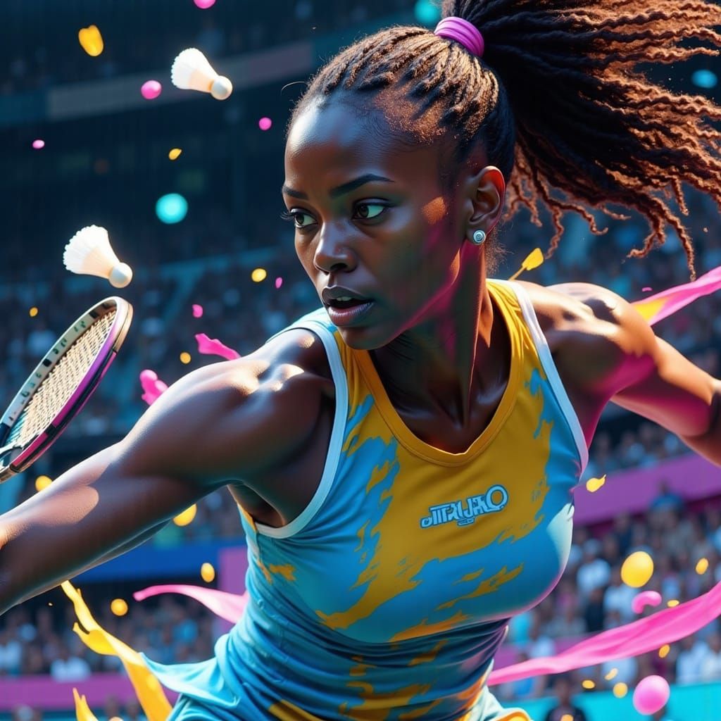 African Female Badminton Player in Mid-Action