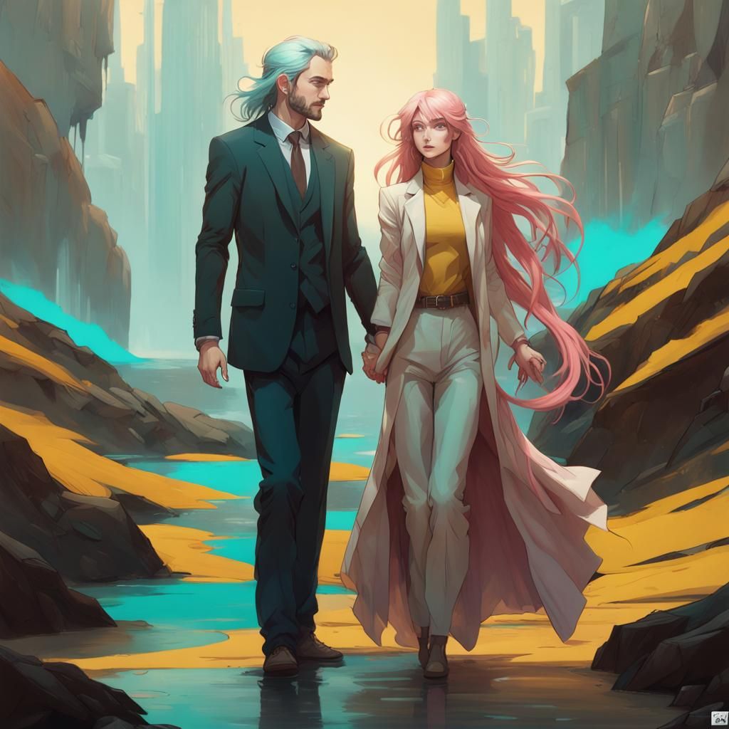 Pink Haired Woman and Man Portrait, Hyperdetailed Art