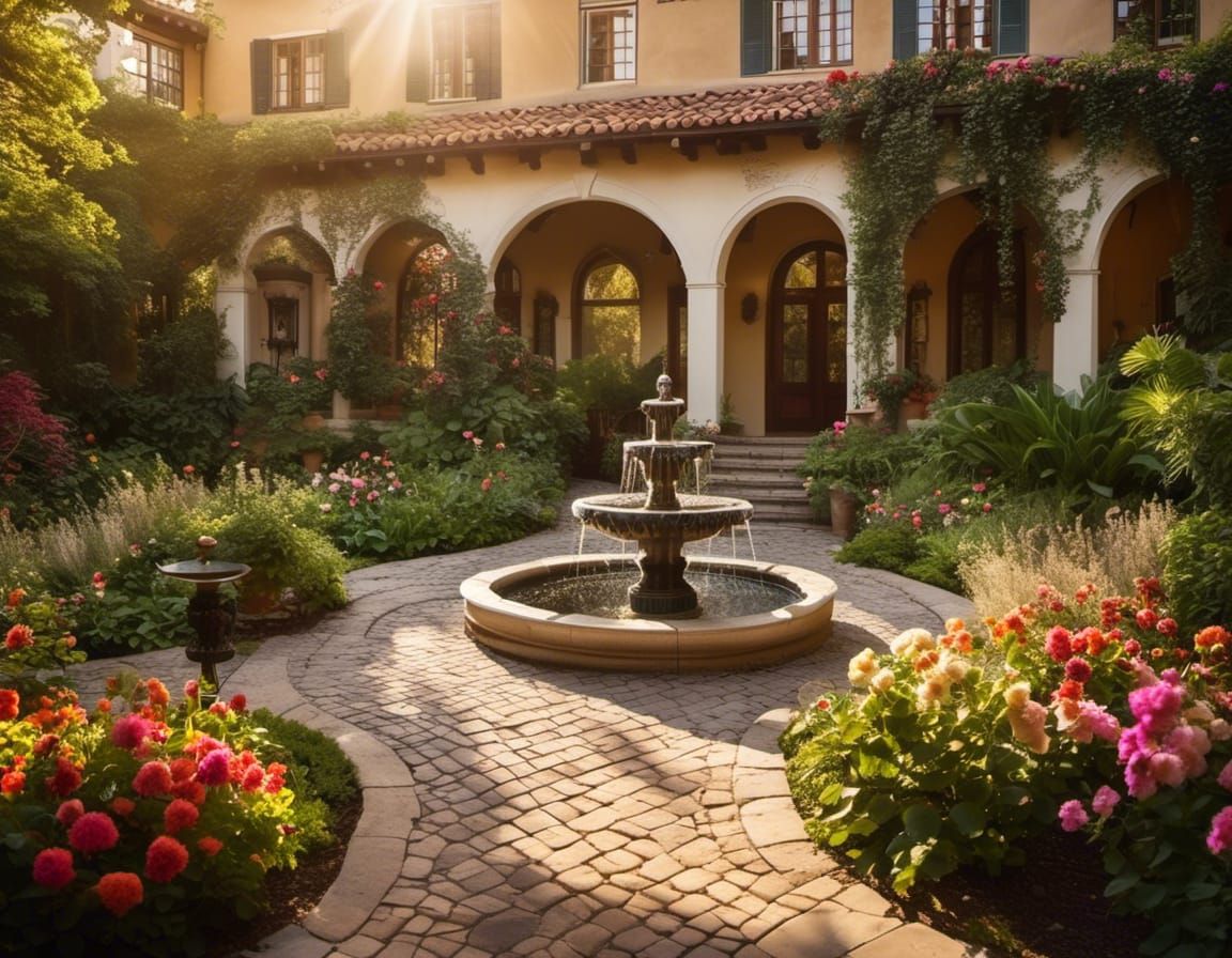 Serene Courtyard with Flowers in Golden Hour