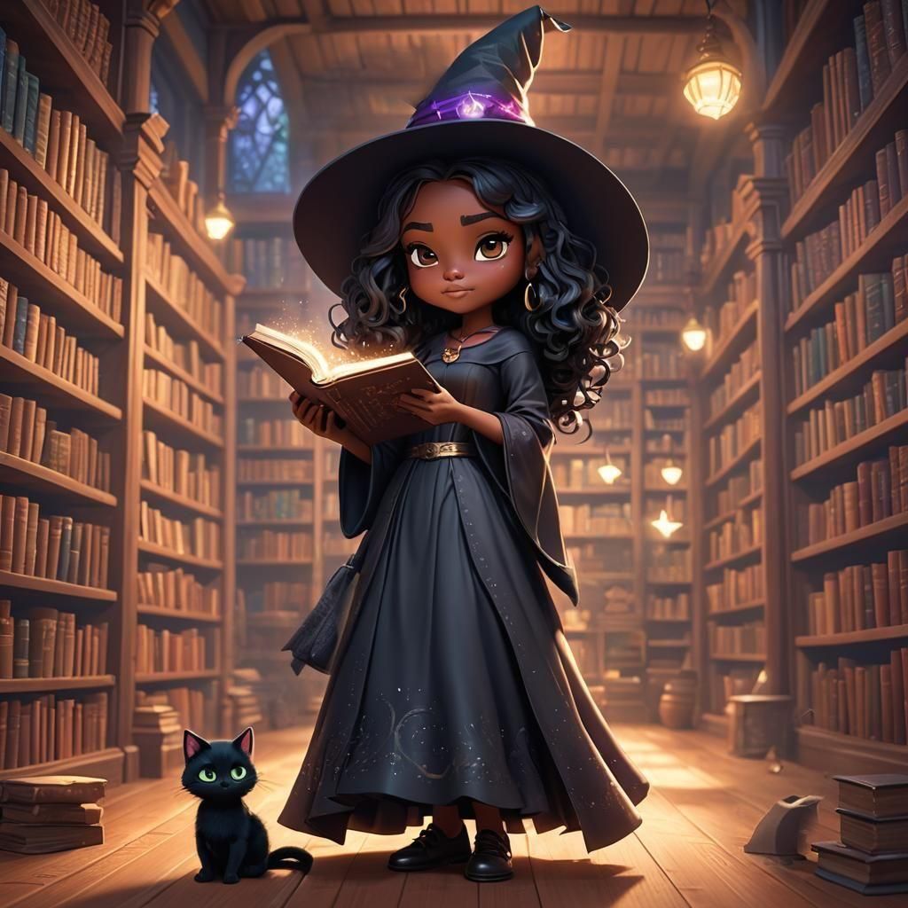Chibi Witch Reads in Library, as 3D Digital Art