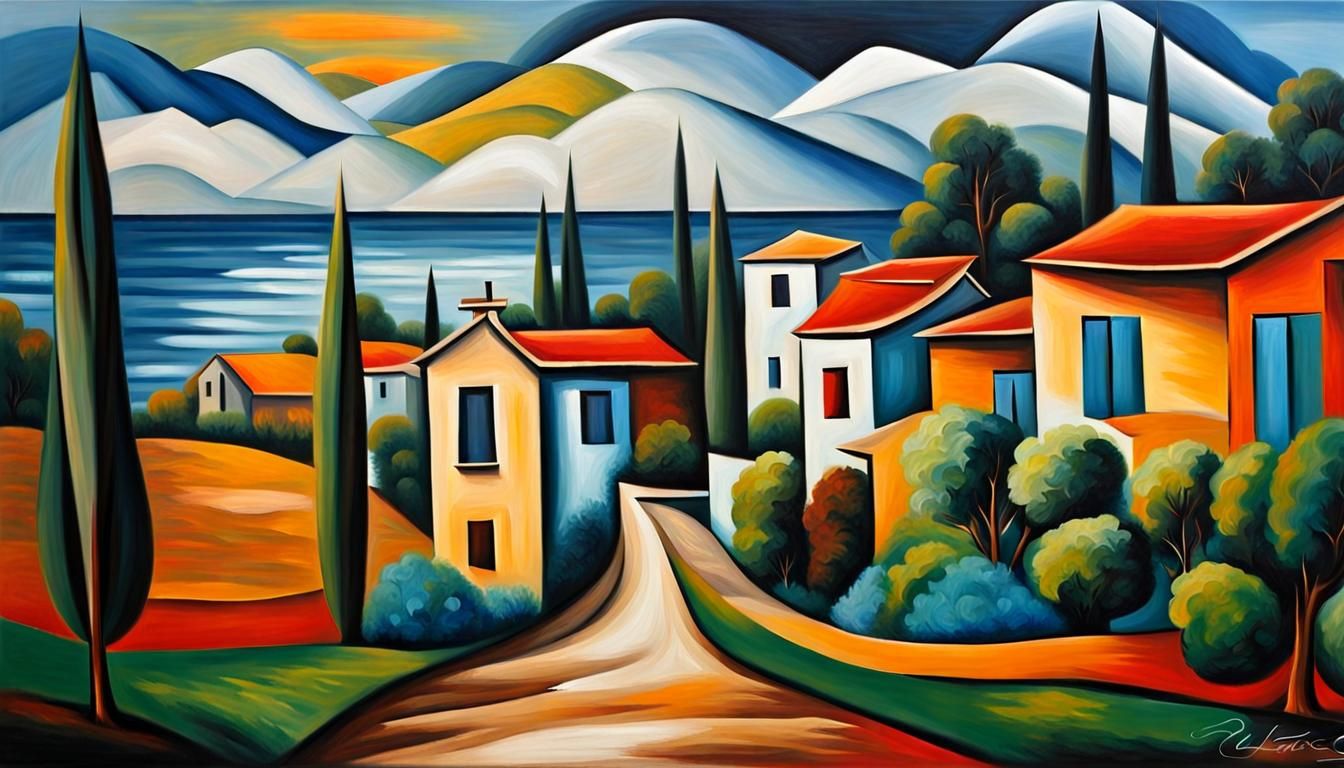 Cubist Landscape Oil Painting
