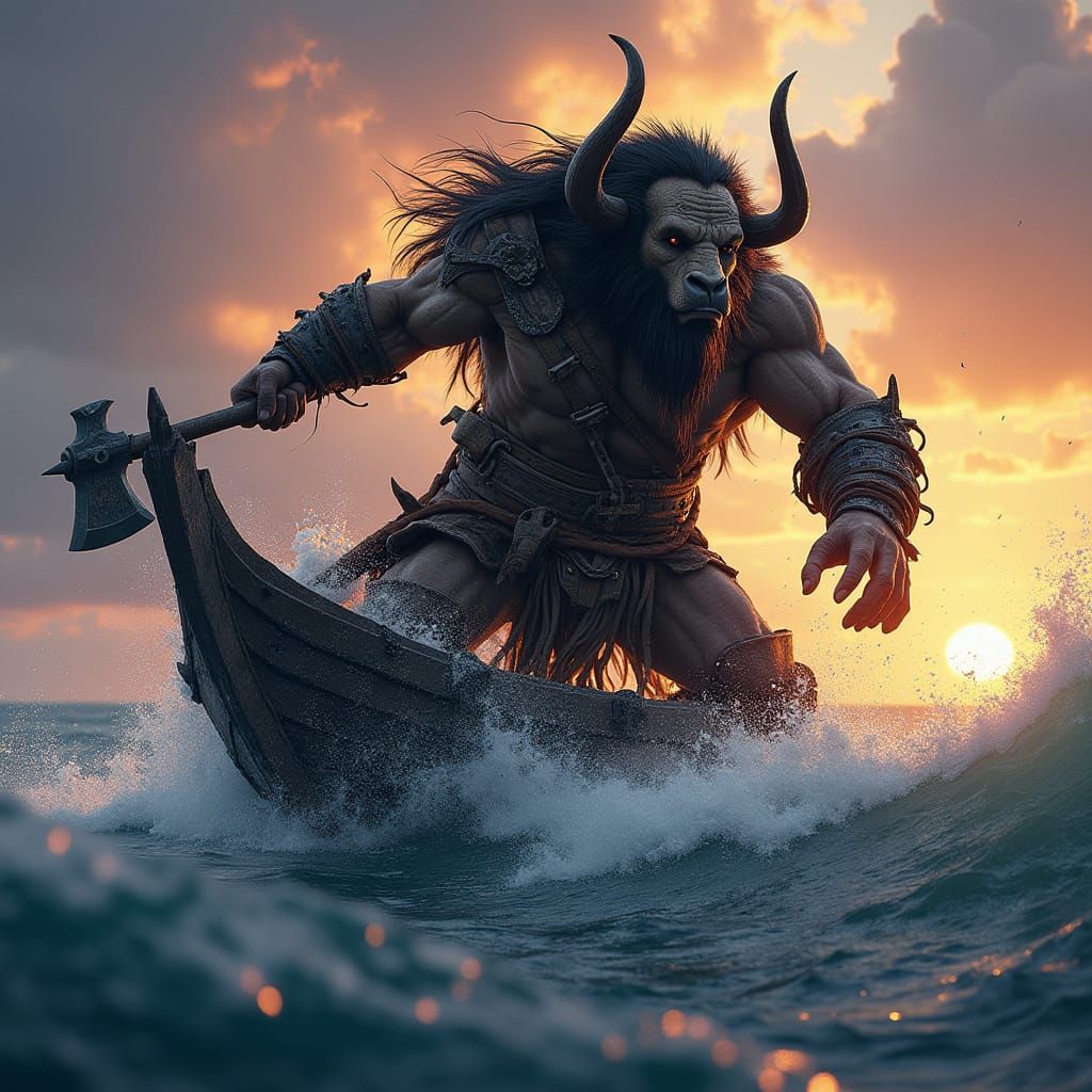 Minotaur Barbarian Pirate on the Open Sea