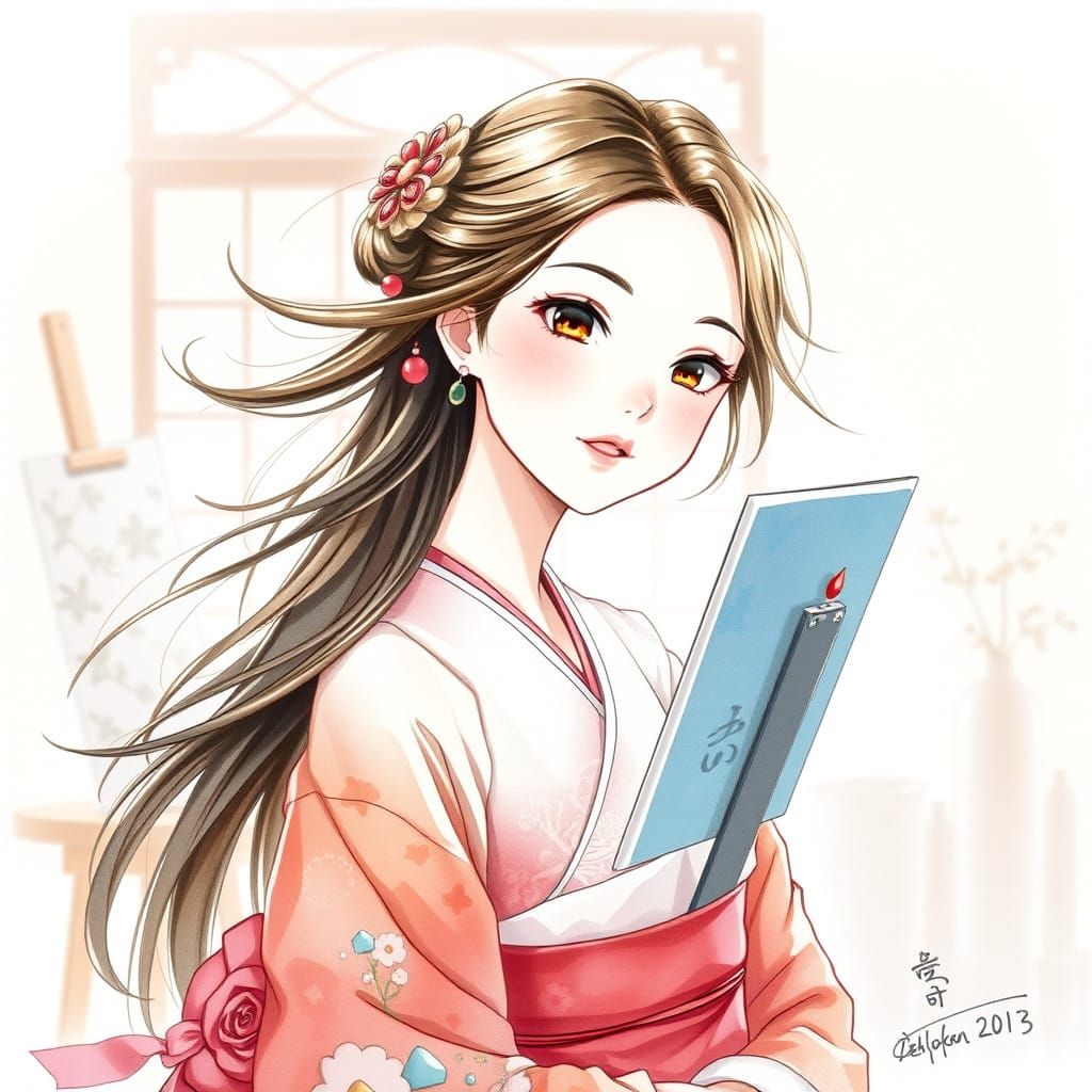 Elegant Young Woman in Japanese Studio