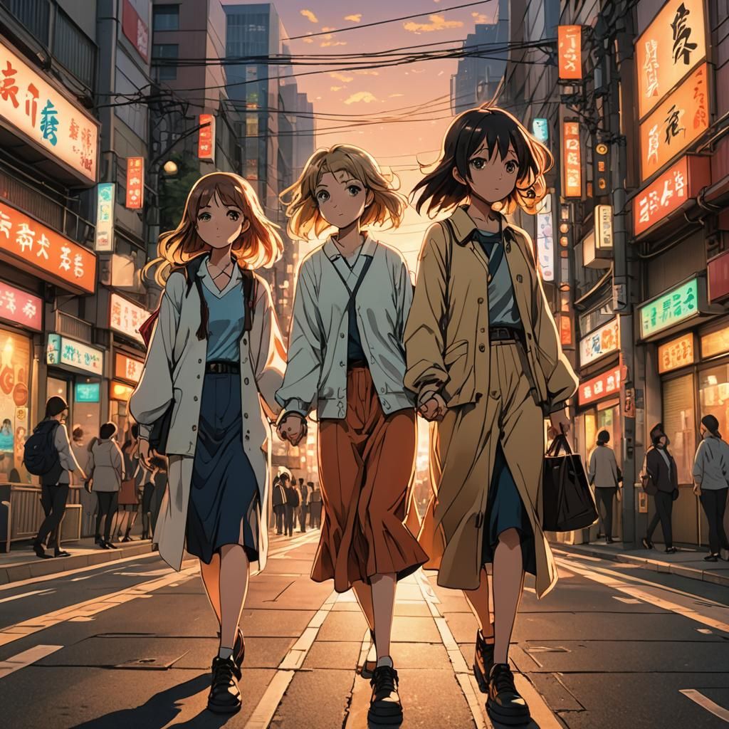 Anime Style: Women Holding Hands at Sunset