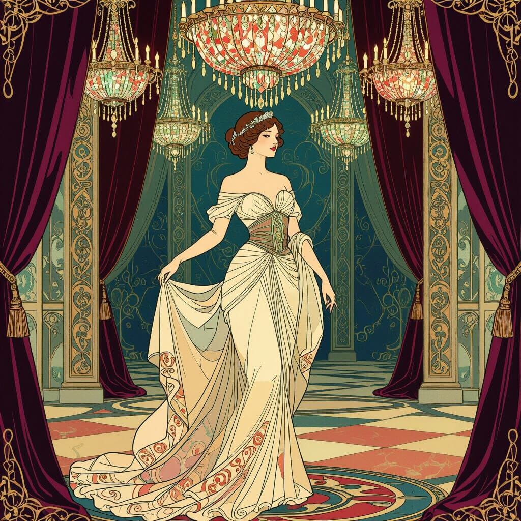 Elegant Woman in Ballroom, Art Nouveau Style