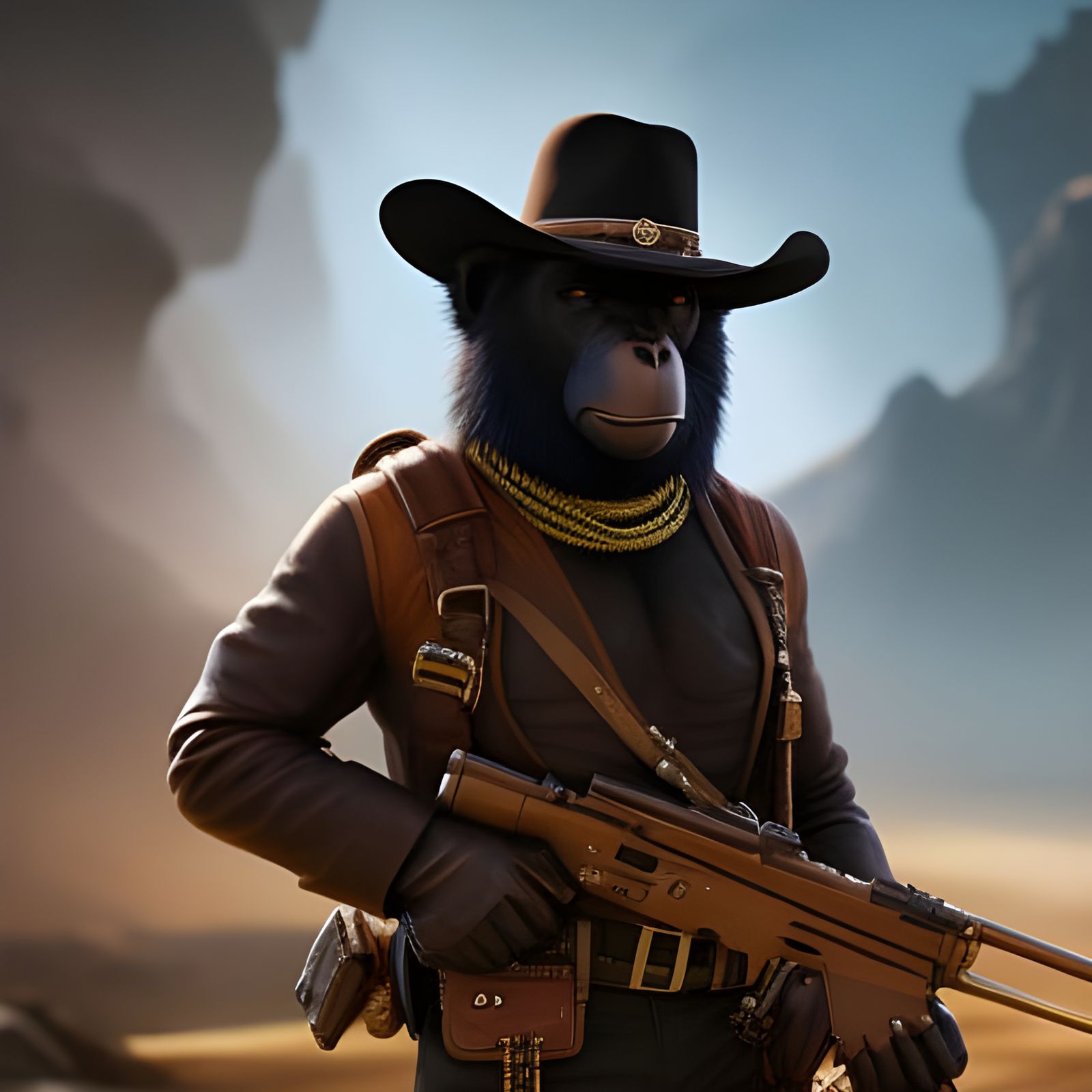 Chimpanzee Gunslinger Portrait in Wild West Style
