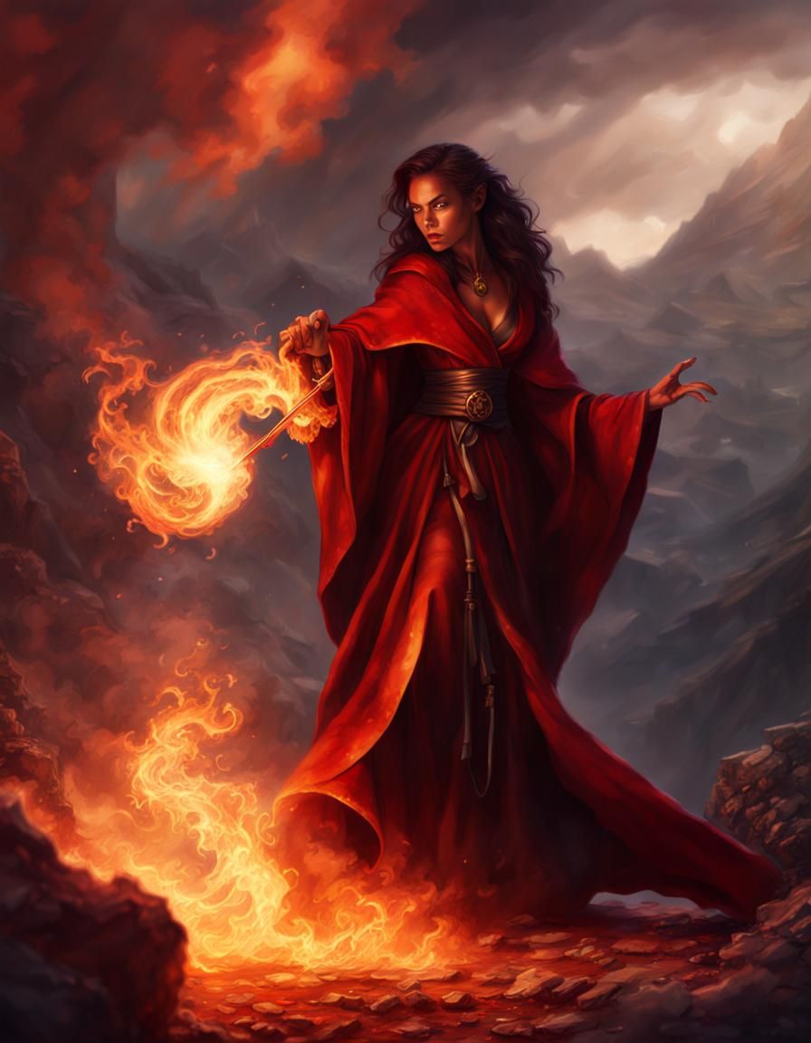 Tiefling Wizard Casting Fire Spell in Digital Painting