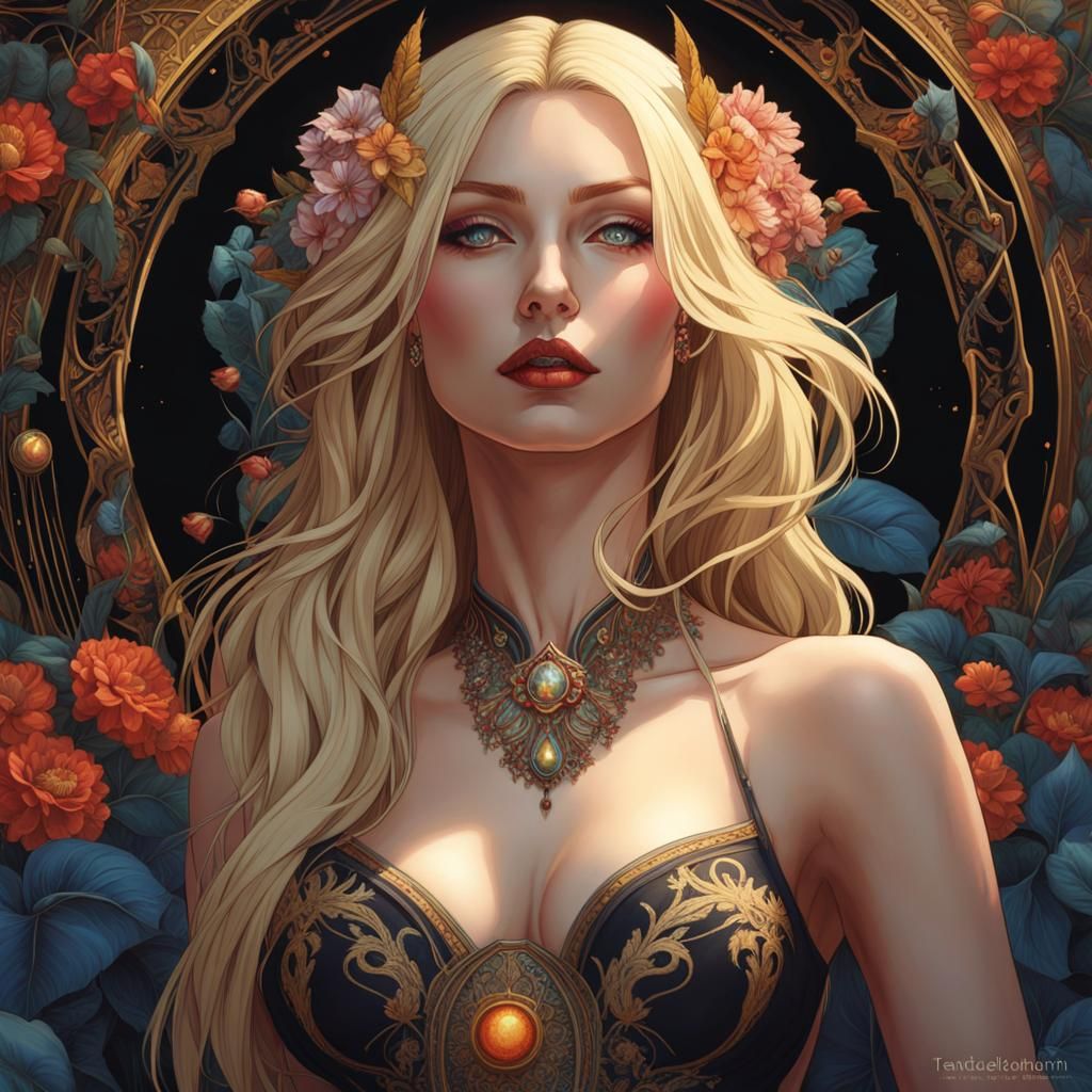 Blonde Woman Sunbathing: Gothic Art Nouveau Portrait
