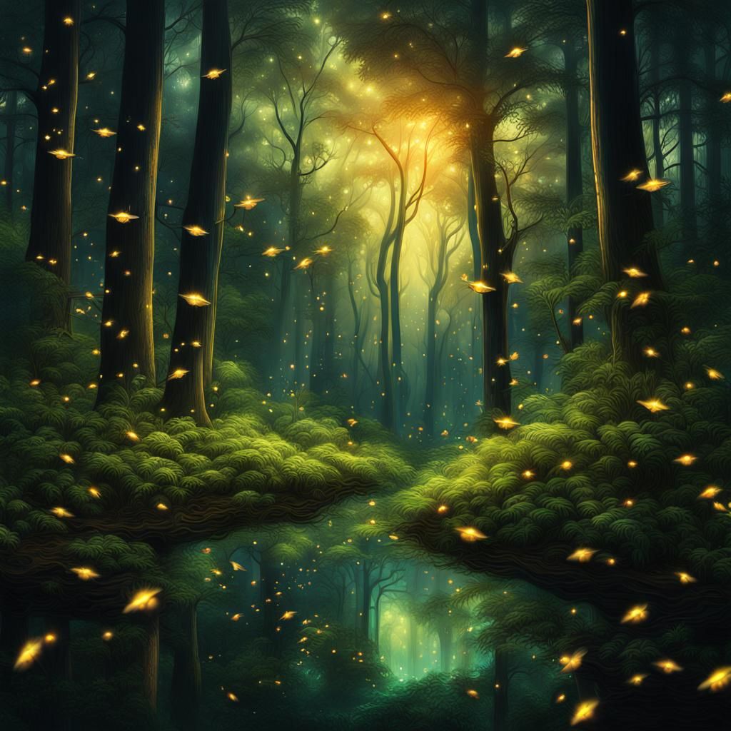 Fireflies in Forest, Digital Matte Painting