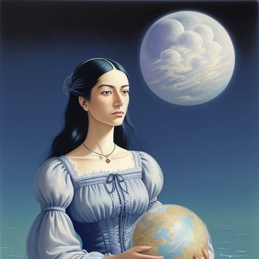 Dreamy Victorian Woman Weaves on Cloudy Loom