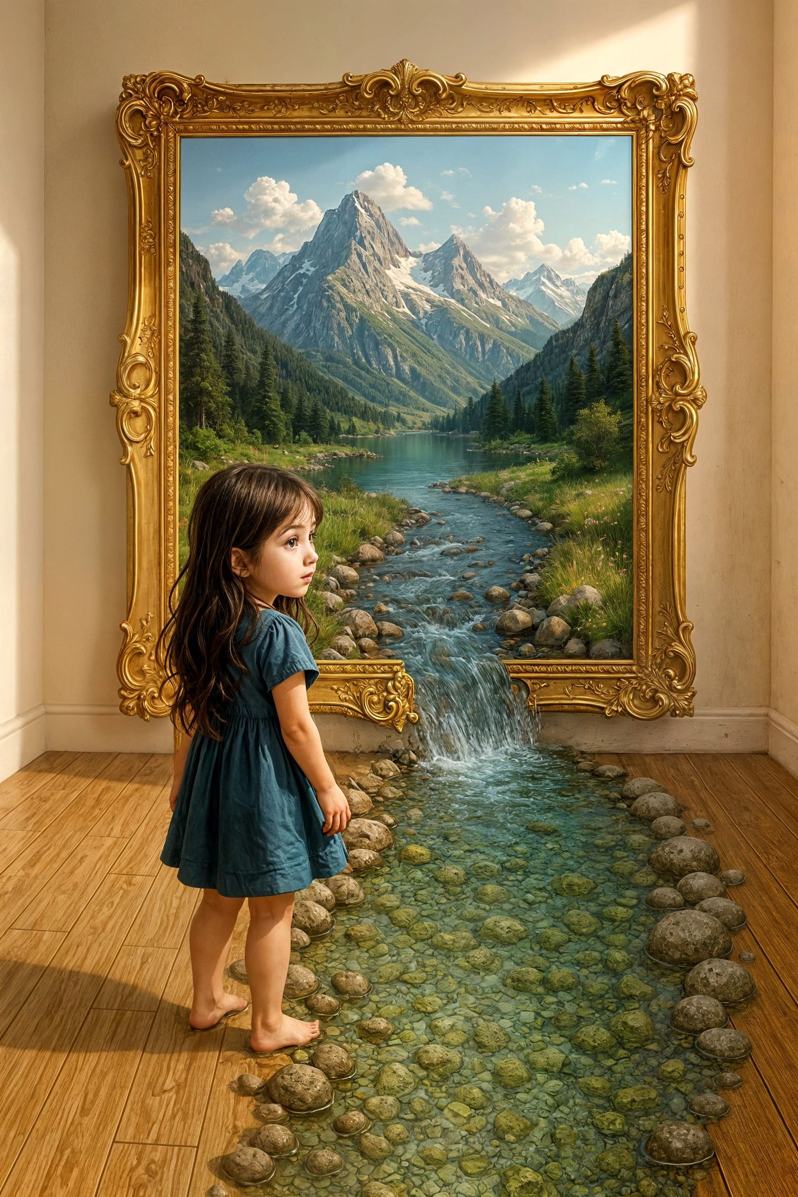 Girl Gazing at Mountain Landscape in Golden Frame