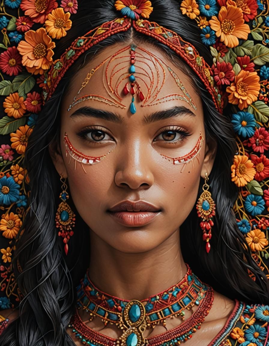 Rough thread embroidery on a girl's face, hyper detailed, pe...