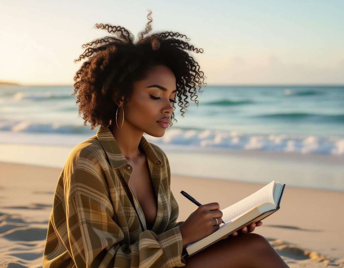 Contemplative Woman Journaling at the Beach: Cinematic Film ...