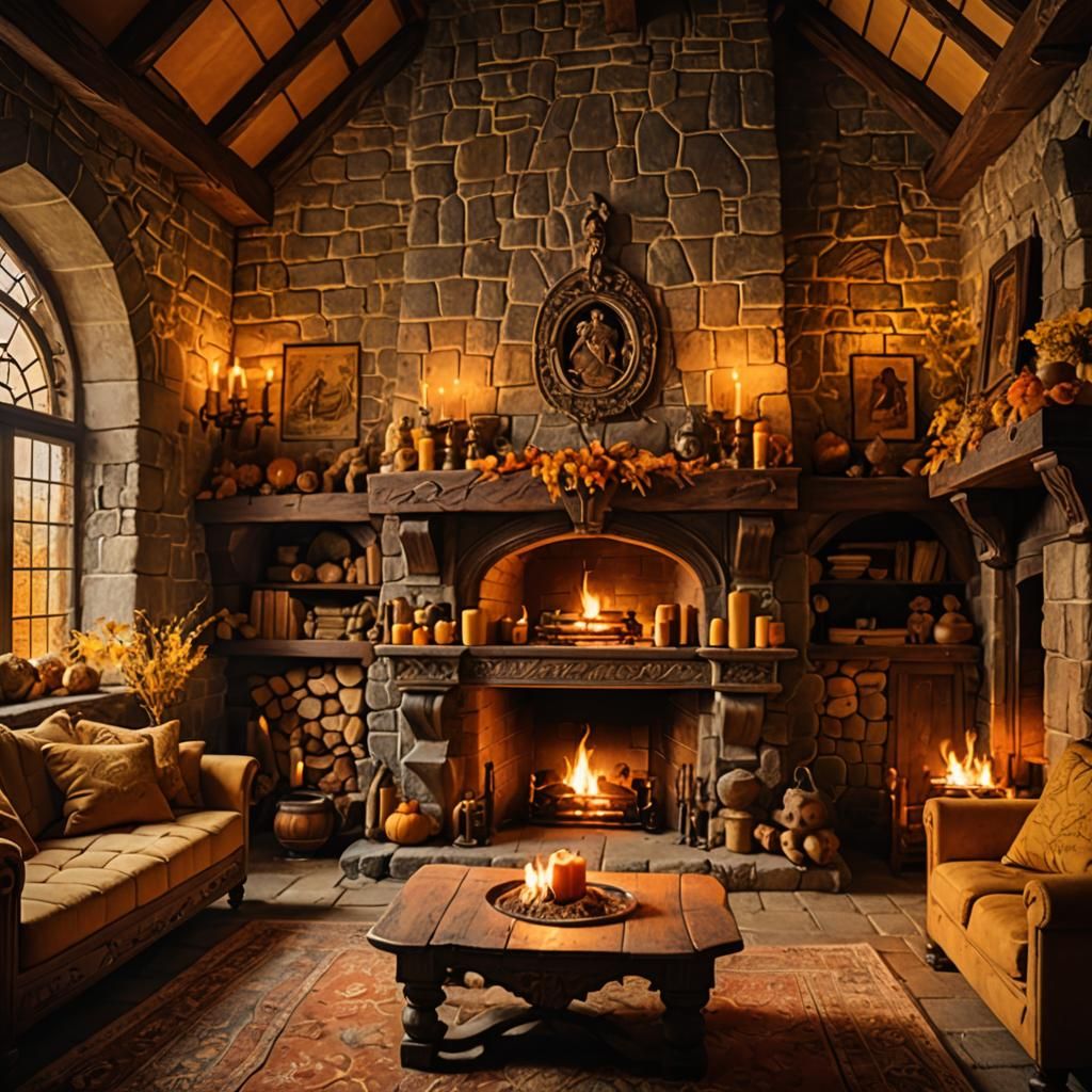 Cozy Castle Fireplace with Autumn Forest View
