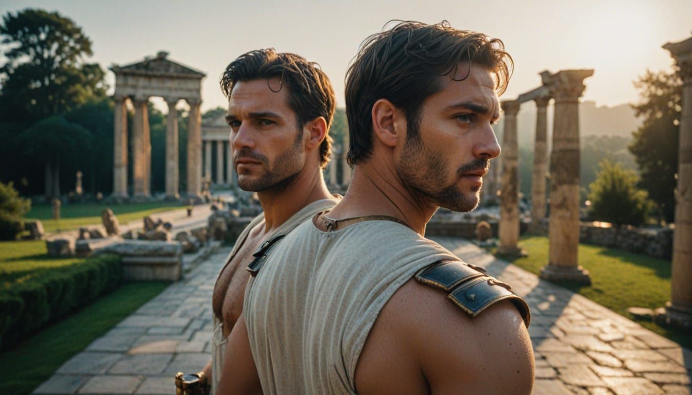Elegant Twins Amidst Ancient Columns in Cinematic Style