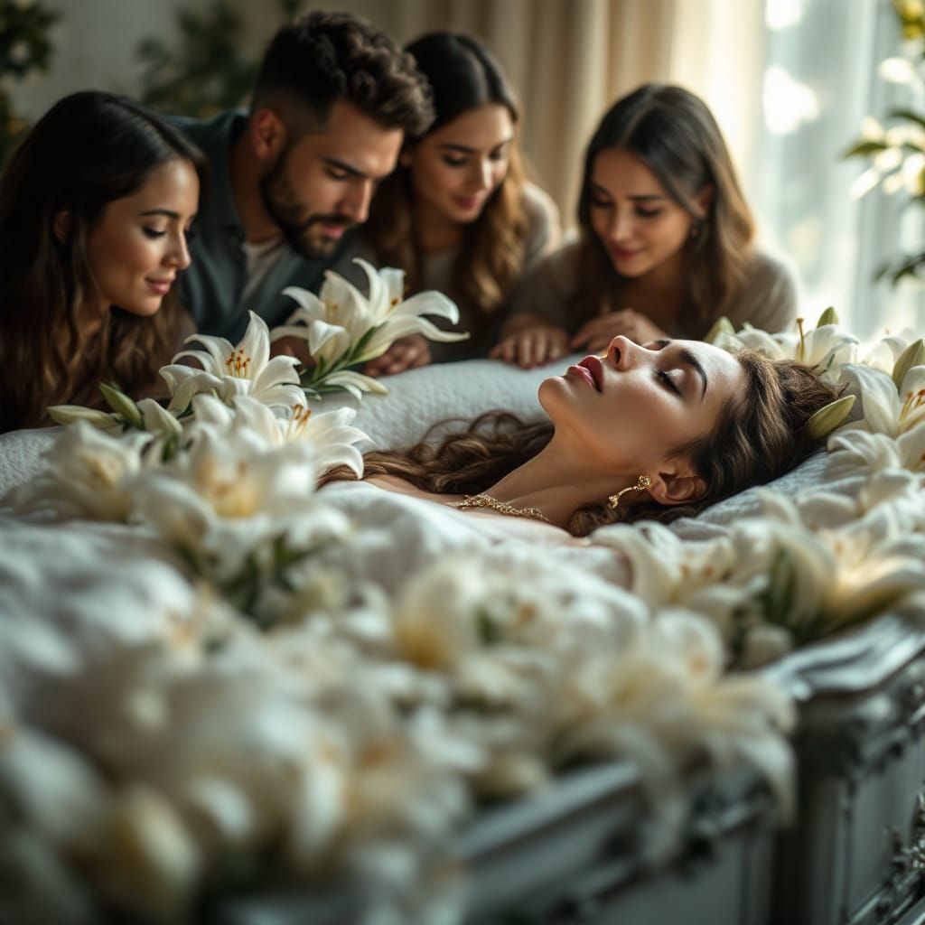 Serene Farewell: Woman in Casket with Mourning Family