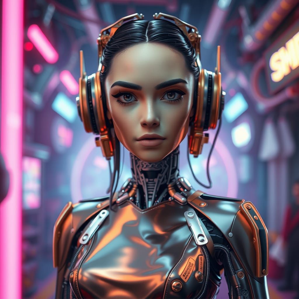 Hyperrealistic Robot Girl in Futuristic Cityscape