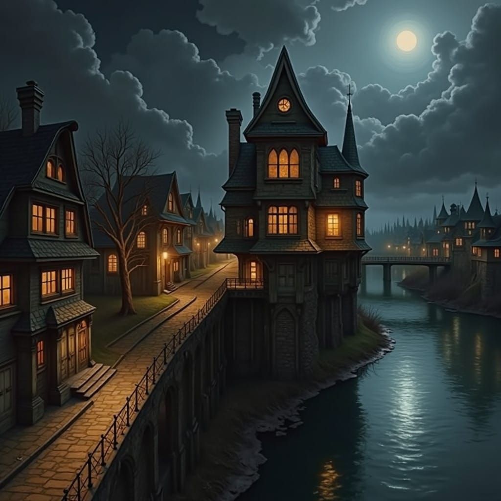 Atompunk Village Under Haunted Cosmic Moonlight