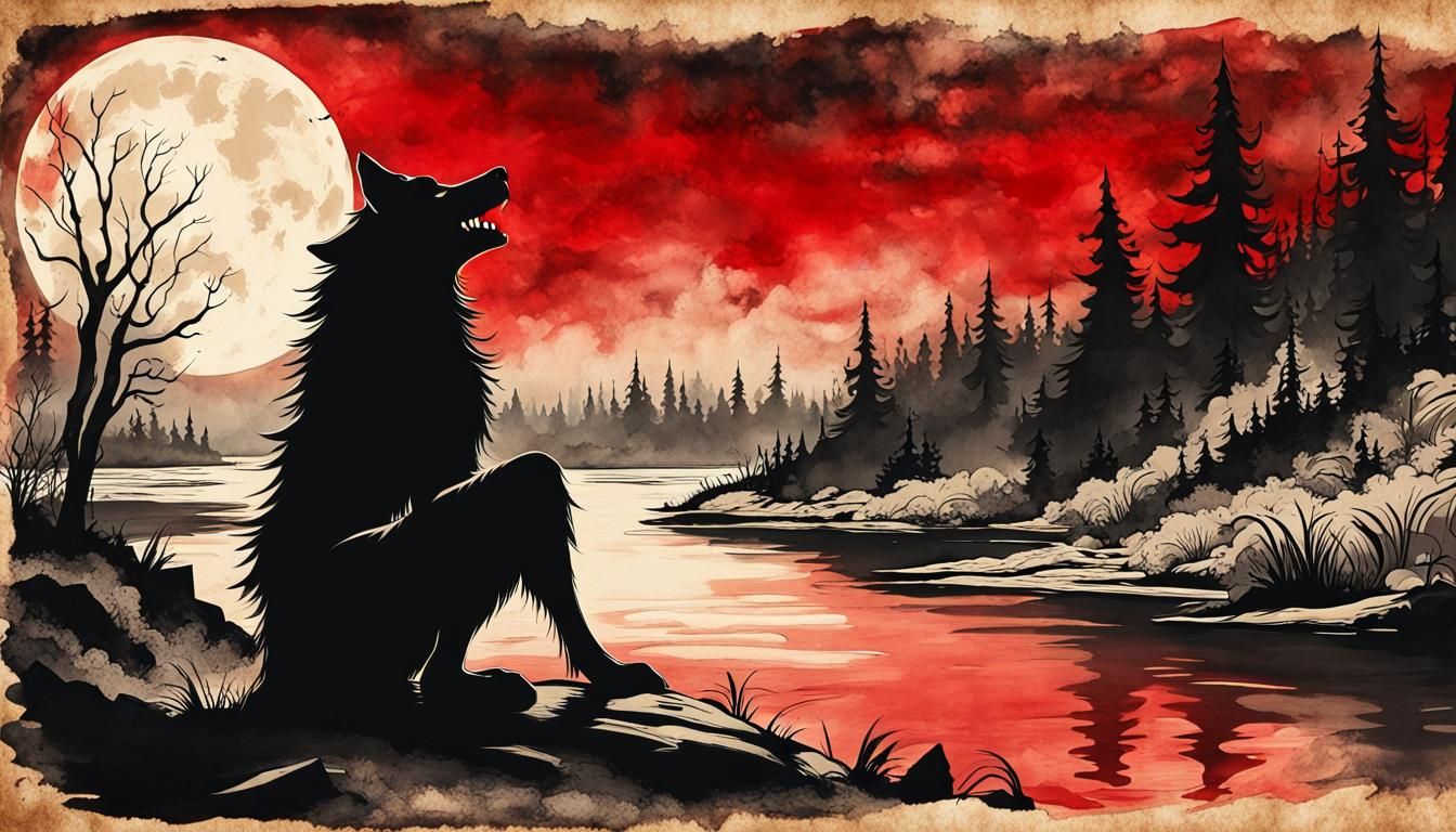 Werewolf Howling Silhouette in Steampunk Ink Painting