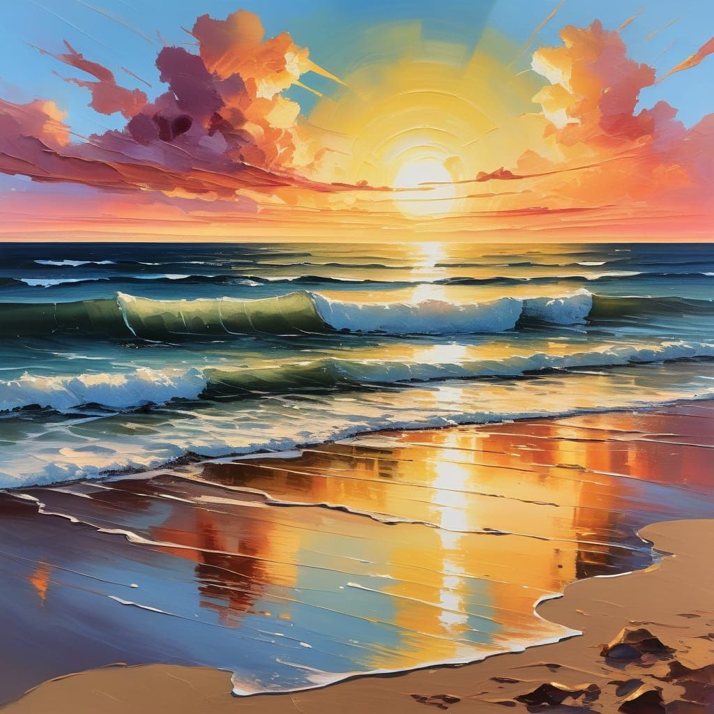 Impressionist Beach Sunset Gouache Painting
