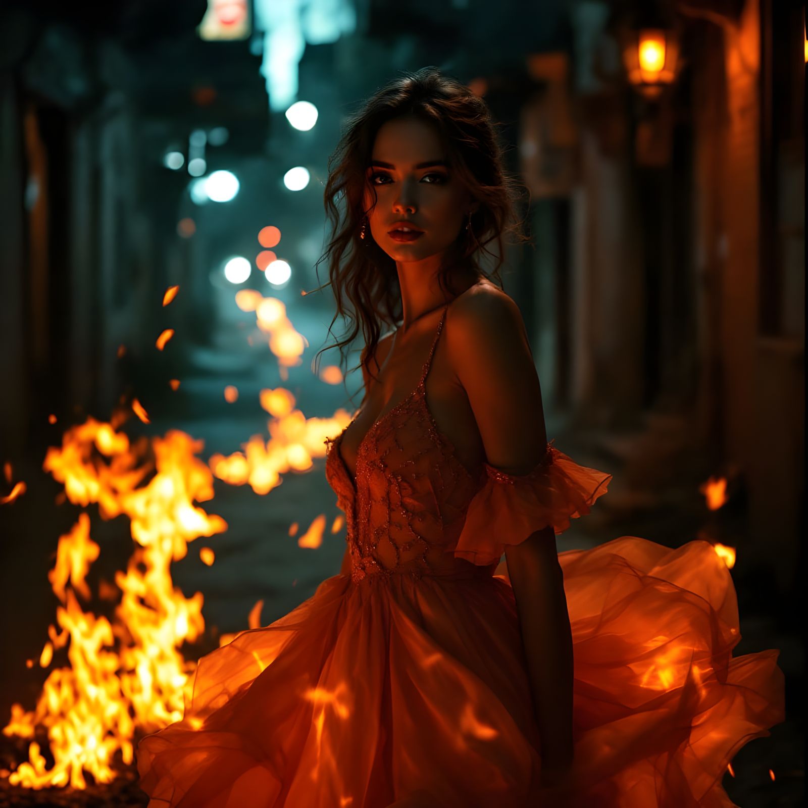 Confident Woman Posing in Flaming Dress Amidst Cinematic Fla...