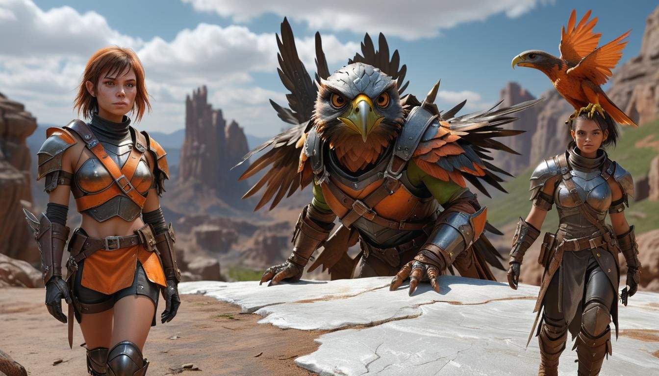 Fantasy Ranger with Falcon and Goblin Companion