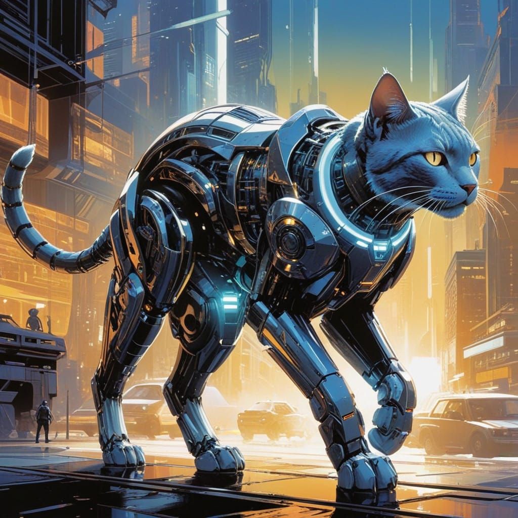 Heroic Cybernetic Felines in Dynamic Comic Book Style