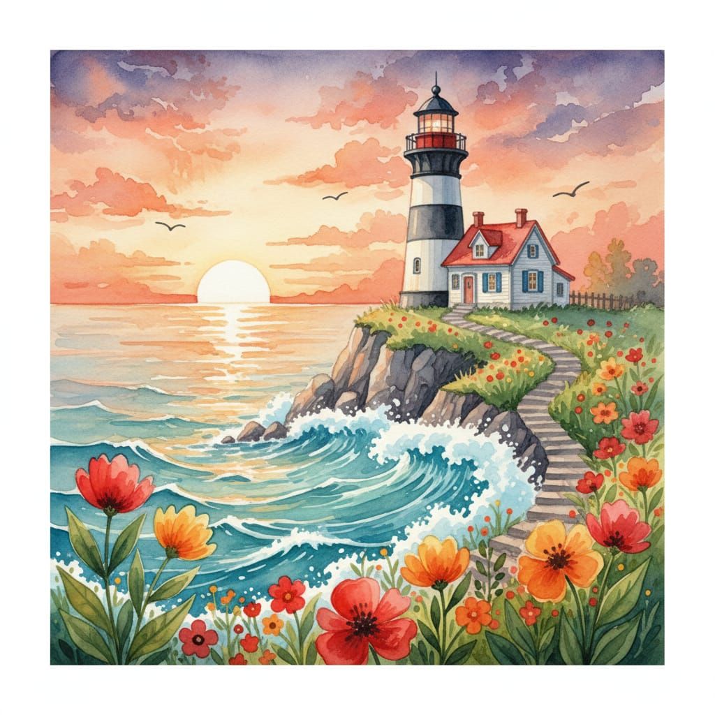 Vibrant Watercolor Lighthouse at Sunset