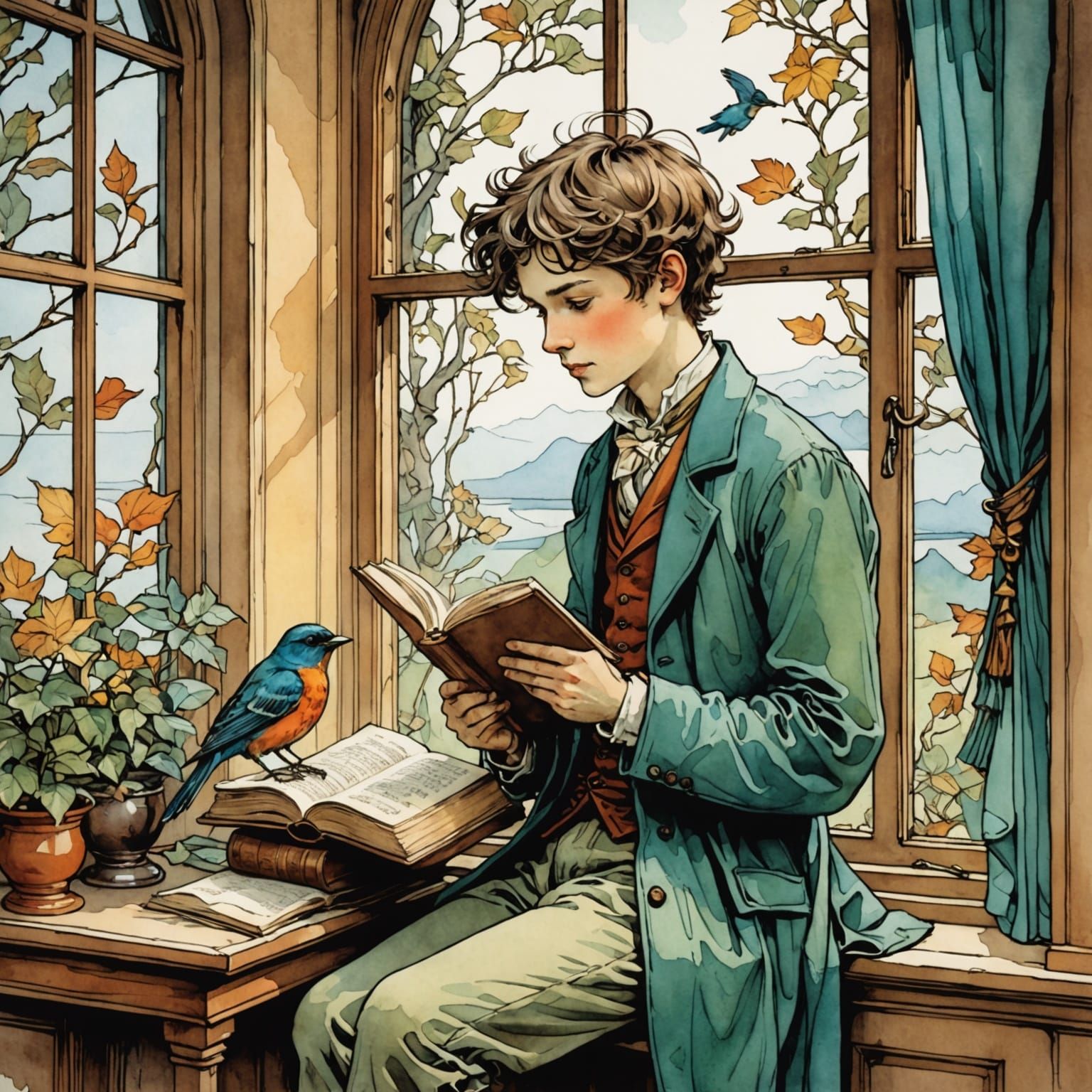 Boy Reading with Birds, Watercolor and Ink