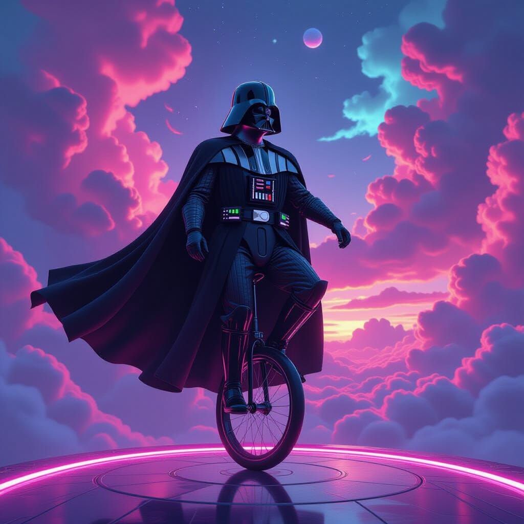 Darth Vader Unicycling on Neon Platform