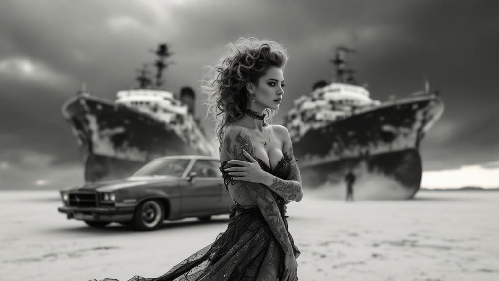 Glamorous Woman in Post-Apocalyptic Landscape