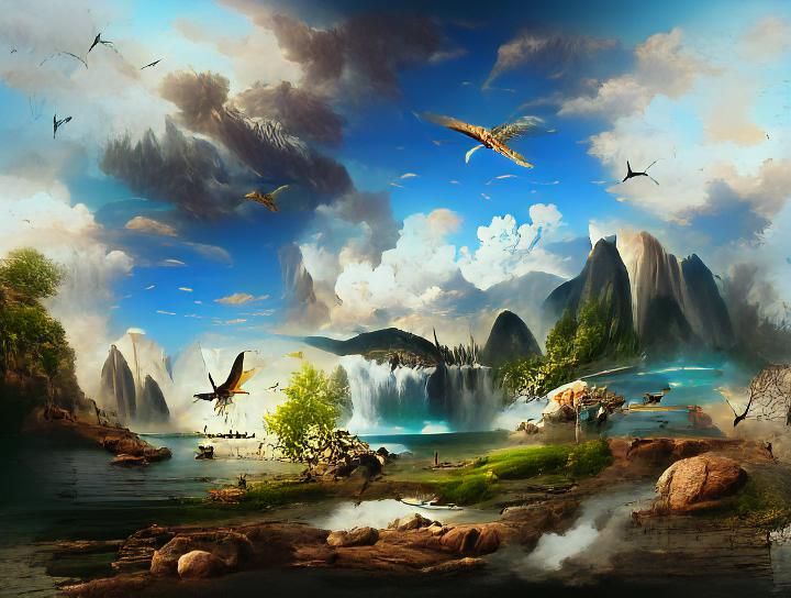 Exotic Landscape with Flying Fish, Digital Illustration