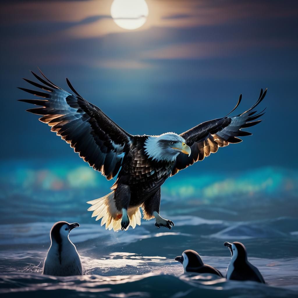 Eagle Hunting Penguin in Moonlit Storm, Fauvism Style
