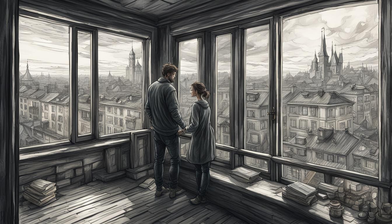Romantic Couple in Apartment, Charcoal Drawing