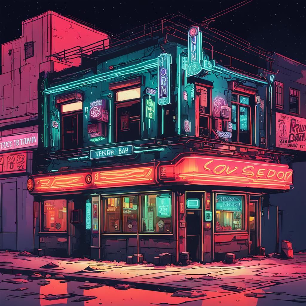 Run Down Bar Exterior in Cyberpunk Art Deco Style