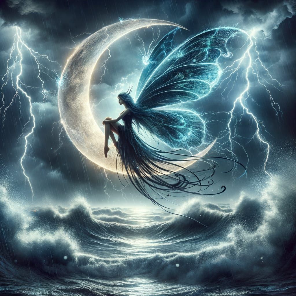 Ethereal Fairy Sits Calmly on Crescent Moon Above Thunderous...
