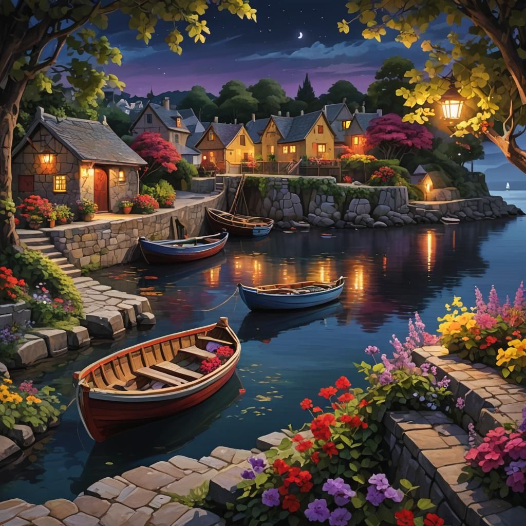 Fantasy Coastal Village at Night: Digital Painting