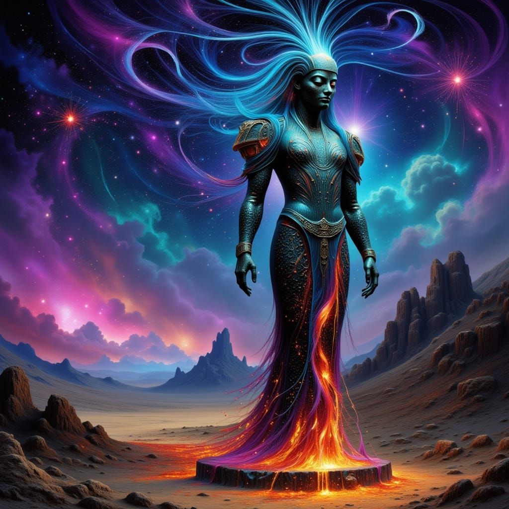 Majestic Obsidian God Statue in Cosmic Desert