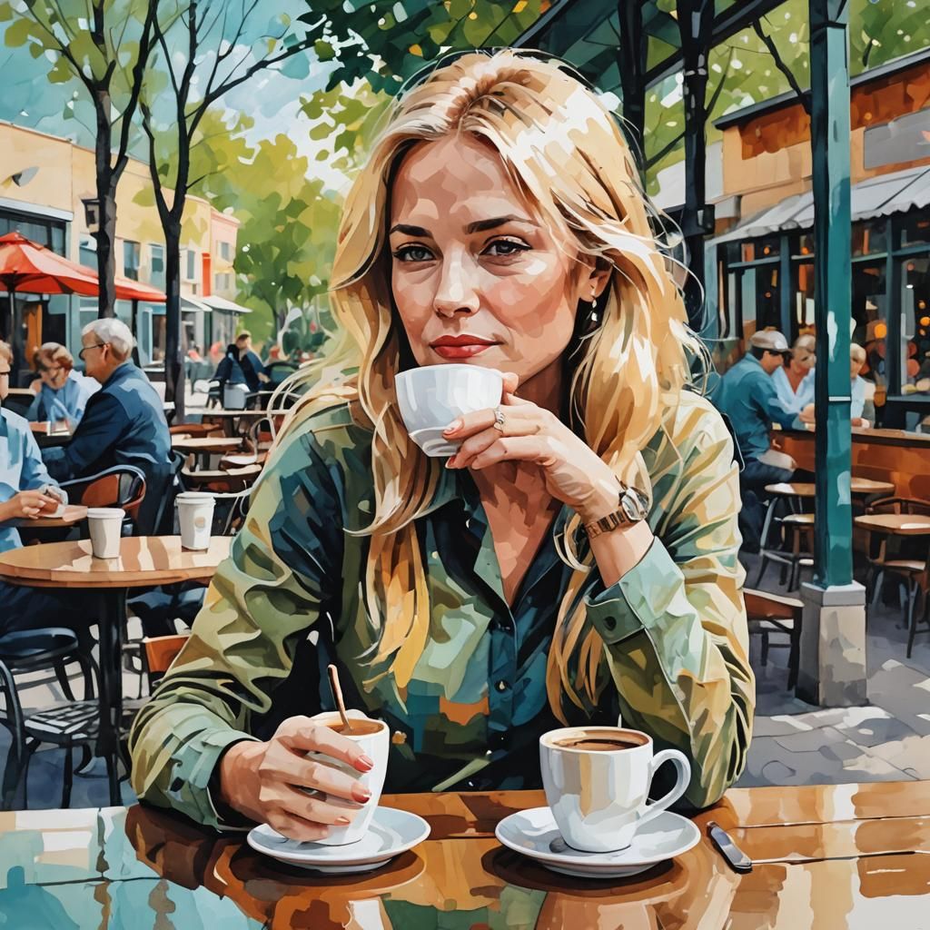 Abstract Art of Blonde Lady at Outdoor Coffee Shop